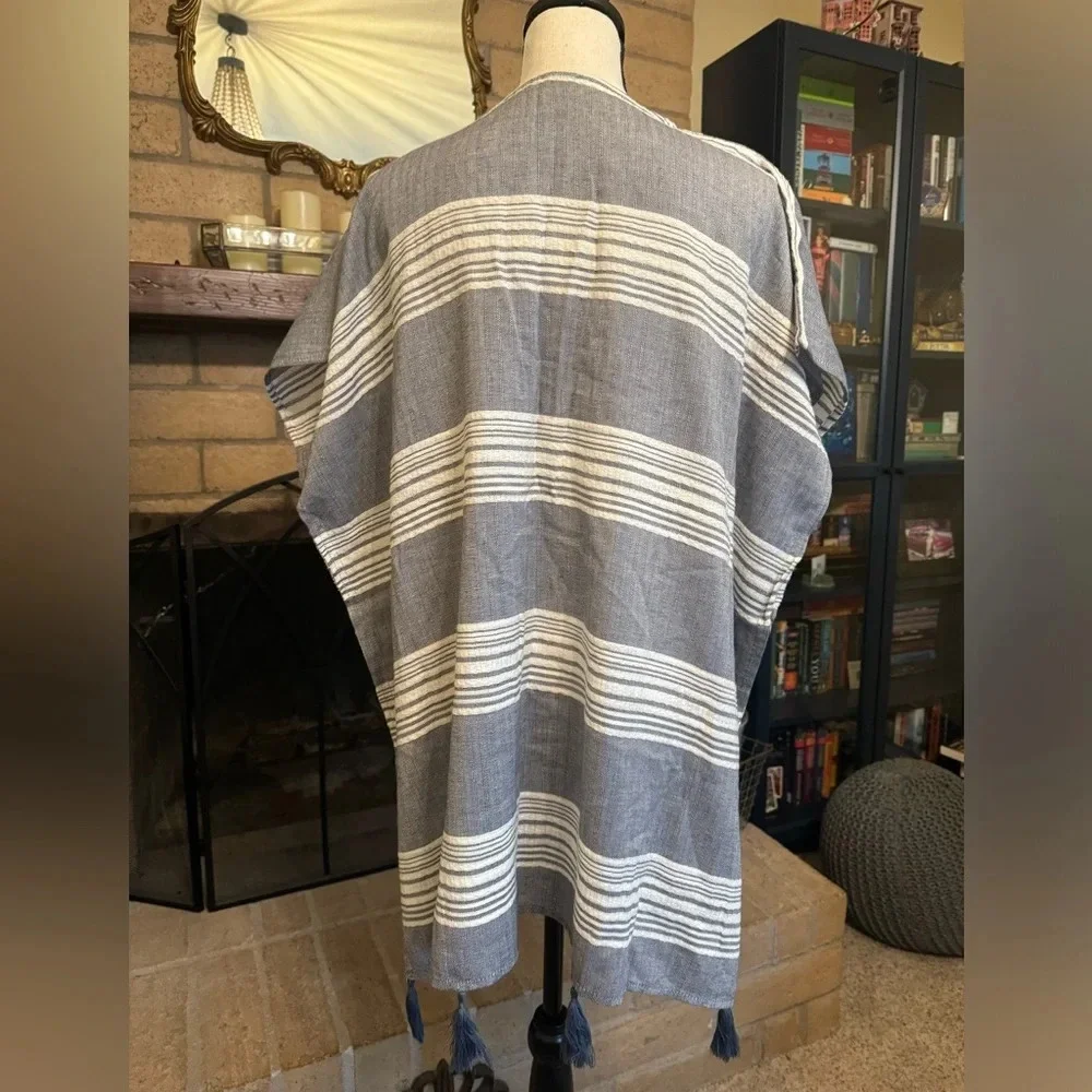 SURF GYPSY Dusty Blue & White Striped Tassel Trimmed Coverup - Size Medium